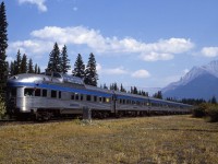 Eastbound VIA 2, the Canadian, with tail car "Banff Park", pulling out of Banff station.
