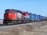 What a consist!  Five locomotives sit in the yard at Garnet Ontario.  Soon Genesee and Wyoming painted locomotives will be arriving on SOR property and colourful consists like this will be gone.  It was a treat to shoot 5 units at one time!