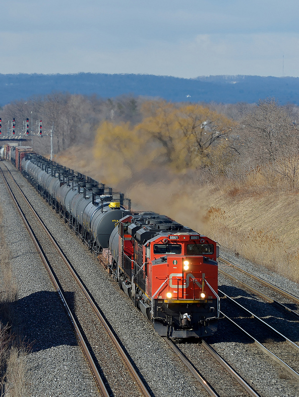 CN 8861 and sister lead a freight under the Lemonville Road bridge in Aldershot ON.