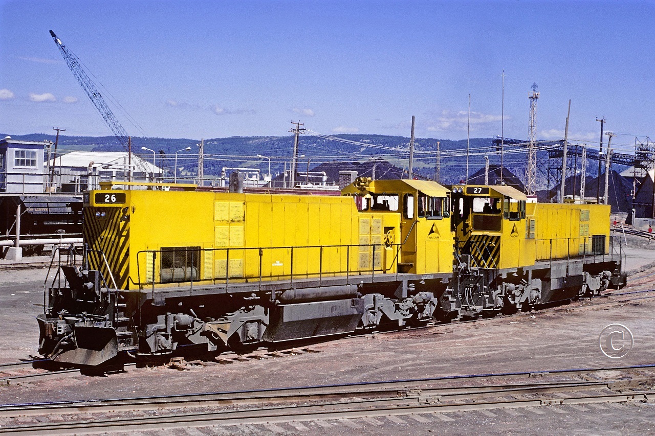 The entire M420TR fleet built by MLW sits at Port Alfred Quebec. Only 4 months old in this scene, Alcan 26 and 27, built 04/72, were delivered new to Alcan.