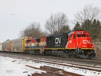ex Oakway/GMTX 9027, now CN 5403 in relatively fresh paint is on the point of CN148 at Copetown, ON.  Mar 20/2013.