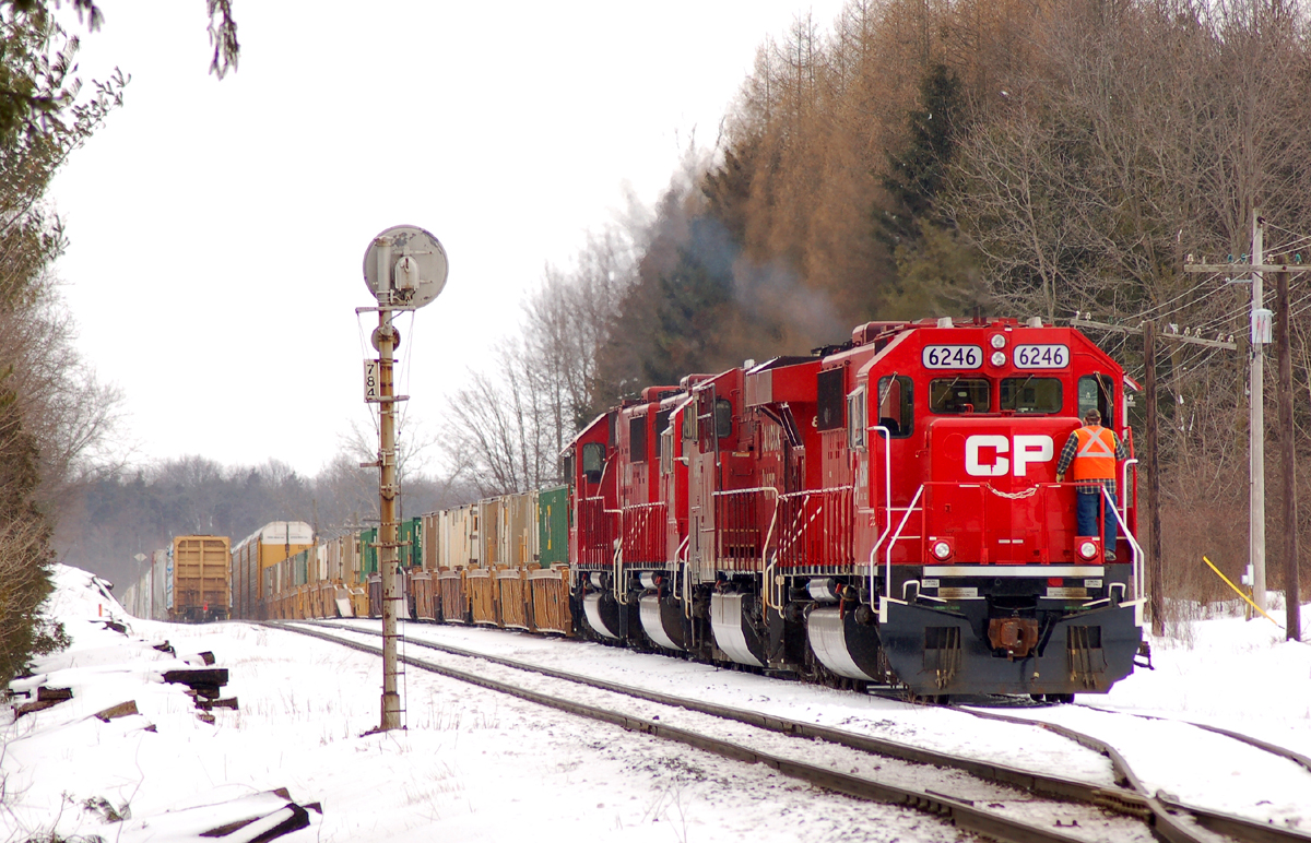 234, with CP 6246 - CP 8802 - CP 6245 - CP 6234 is set to depart Blandford siding after meeting a westbound