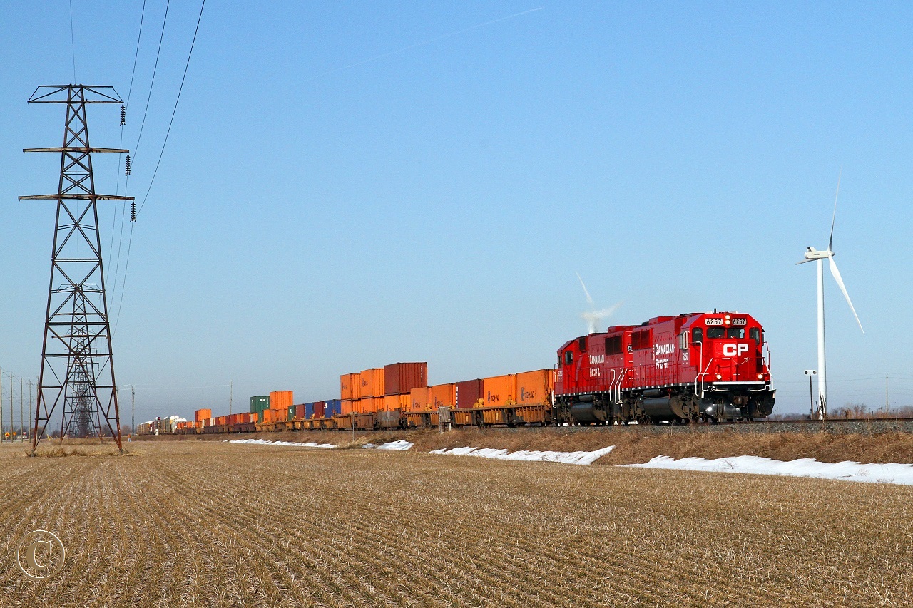 CP 6257 and 6255 lead train 282 eastbound towards Haycroft at mile 83 on the CP's Windsor Sub.