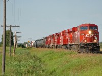 An interesting lash-up with CP 8753, 9353, 3094, 8790, 3037, and 3071. The last two GP38-2 units lead a train the next day from Red Deer to Homeglen and back on the Hoadley sub. 