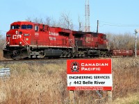 Leaving the siding at mile 94.1 on the CP's Windsor Sub in Belle River, CP 8878 and CP 9540 with train 241 head for the U.S. border.