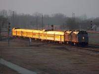 VIA's eastbound Canadian arrives in Portrage at sunset.