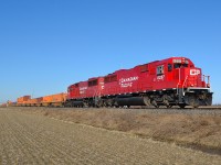 Sporting their new colours, former SOO's 6057 & 6055 (now CP 6257 & 6255)lead CP 282 eastbound thru Haycroft mile on a beautiful sunny morning.