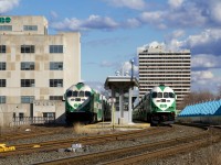 The Hamilton GO trains are tied down at TH&B's Hunter Street station on a gorgeous Good Friday afternoon. TH&B's Hunter Street station, now the Hamilton GO Centre was built by Fellheimer and Wagner in 1933 and is a rare example of Art Moderne architecture in Canada.