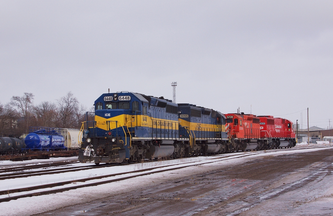 CP second 640's power has cut off from their train and is moving eastward on the shop tracks at Quebec street yard. Here they will recrew and refuel the units before continuing eastward. This was the third of three unit trains lined up, behind first 640 (CP 6230 east) and 608 (CP 9774 east).