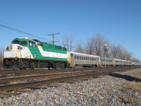 100% ex-GO Transit: Three AMT trainsets composed of ex-GO Transit F59PH's and Hawker Siddeley cars lay over at Delson on the weekend, when there is no service on this line. Unfortunately AMT trains no longer lay over at this easily accessible spot.