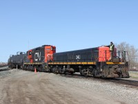 CN conductor poses with his yard units in the VO yard at Clover bar.