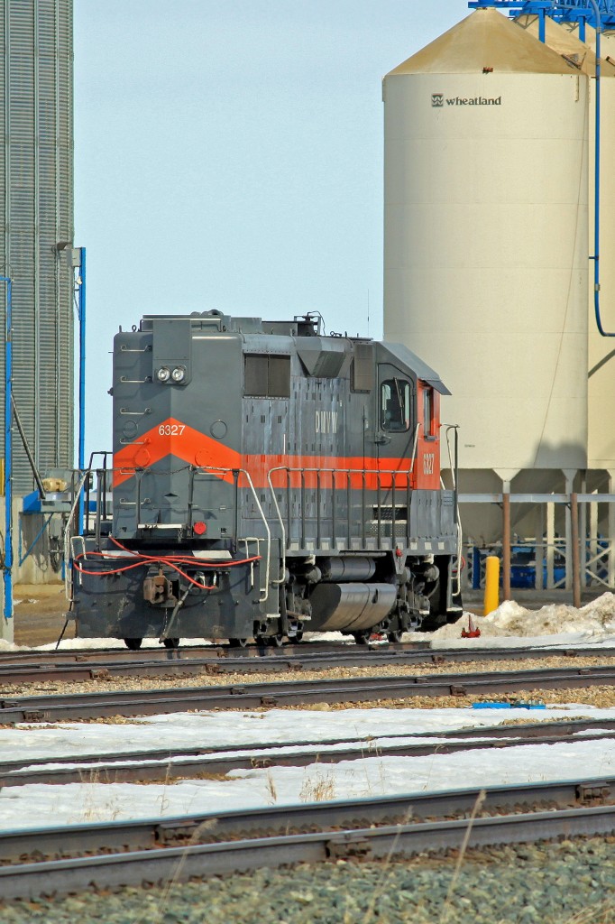Ex SP GP35 6327 now owned by Providence Grain and residing at Gaudin elevator complex east of Fort Saskatchewan.  The locomotive is still in the livery of its previous owners the Dakota, Missouri Valley & Western Railroad.