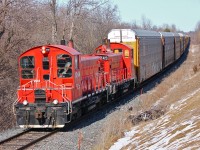 The OSR Woodstock job returns from work as it enters Ingersoll with two ex CP Rail SW1200's in the lead.