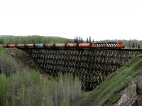 Bi weekly Grande Prairie to Dawson Creek wayfreight crosses a curved wooden trestle just east of the village of Pouce Coupe BC. Service was on the line west of Hythe Alberta was discontinued at the end of May 1999 with Dawson Creek being serviced from the BCOL end. The line is still out of service even though the Province of Alberta paid for an upgrade. 