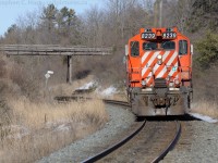 While in the area and on a whim I spent 20 minutes waiting for a westbound at Galt Station... to my surprise a bunch of geeps appear at the east backtrack switch and enter the OCS on a work clearance.. Mile 54 to Orrs Lake<br><br>

The power is CP's Hagey job (Power stored at Mile 6 Waterloo sub) which ran down the Waterloo to fetch some empties at Killean for Toyota. Power is a trio of 8200's -  8209/8246/8239. This would sound quite nice climbing the mountain grades of the Waterloo sub..!

