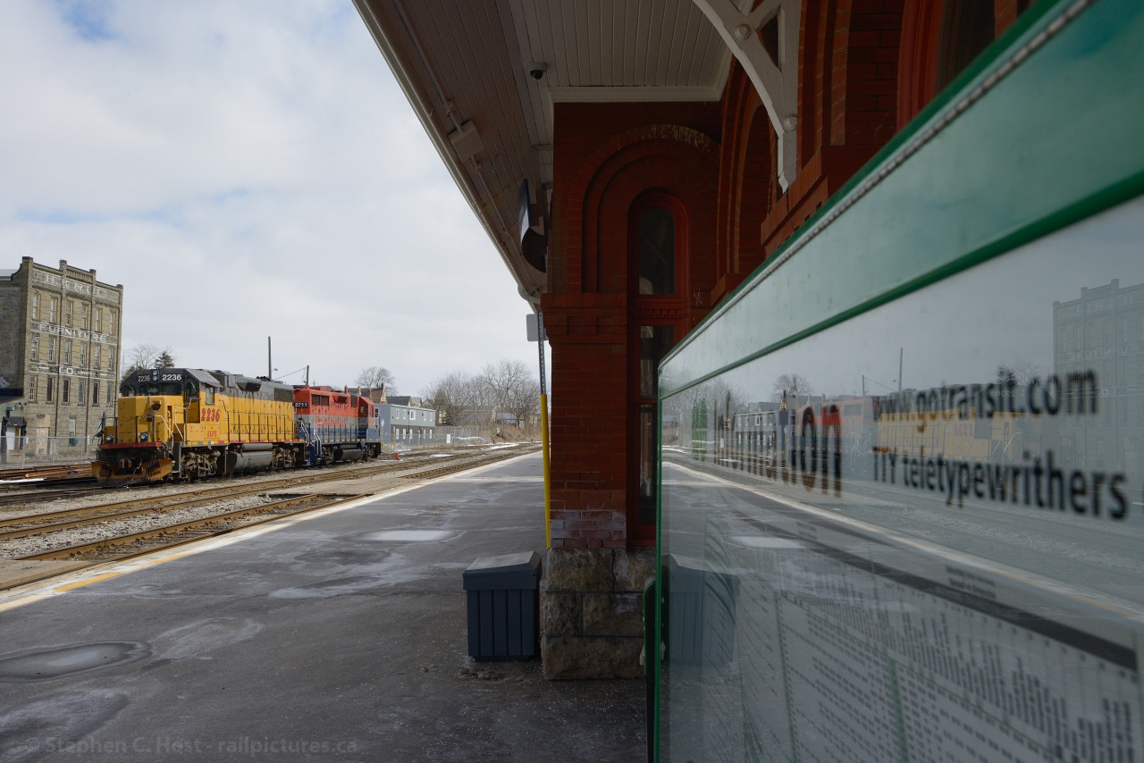 Two GEXR assigned geeps idle at the Kitchener VIA and now GO Station.