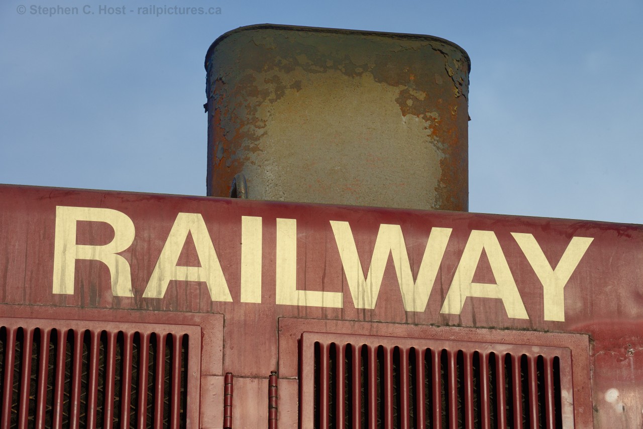 Railway: Study of a rusty exhaust stack on Montreal Locomotive Works S13 OSRX 502.