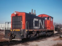Back when Woodstock had a yard engine assigned to handle the local duties CN 7152, a GMD SW8 sits on the west leg of the wye. Both are now long gone as is the short segment of track that continued north of the wye part of the remains of the old Port Dover & Lake Huron Railway line.