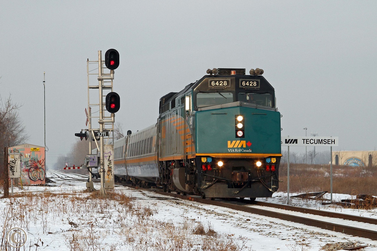 VIA 6428 F40PH-2D with Windsor to Toronto train 72 is eastbound at mile 101.1 on the VIA's Chatham Sub.