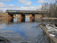 VIA 913 leads train 57 across the Salmon River at Milltown, Ontario. 1337hrs.