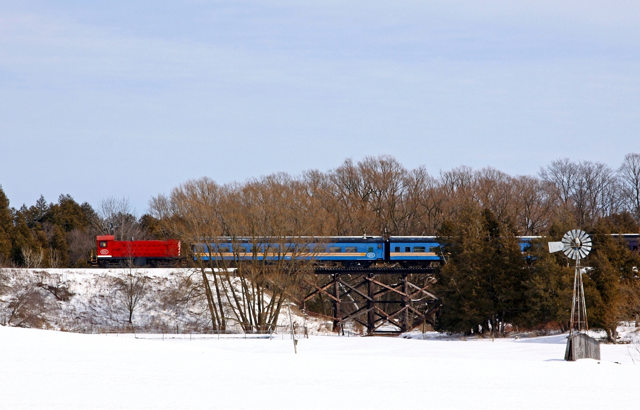 The WCR's newest acquisition, MLW S-3 #6593 (ex-National Research Center, nee-CP) leads the northbound Waterloo Central Family Day excursion over a small wooden trestle at mile 6 on the GEXR's Waterloo spur.