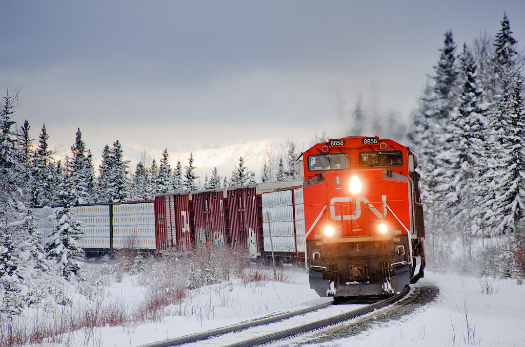 Prince George-Winnipeg train M304 gathers speed climbing towards the double track at Dalehurst. Yesterday, the entire 235.7 mile Edson Sub received between 10-20 inches of snow, making for some nice photos!