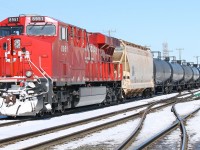 Thunder Bay is an inspection point for eastbound loaded petroleum crude oil [un#1267] trains. While the cars are being inspected in the Westfort yard, the head end power [for this train it is cp8613, cp9810] usually goes to the shops for fuel and maintenance. Prior to heading east with 120 cars, the Schreiber crew will add a remote unit to the tail end. In this instance the unit is almost new ES44AC cp 8951.