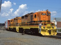 HCRY 208 and 209 pull in to Sudbury Yard to interchange with CP. Both geeps were transferred from the BPRR, and started life on the C&O.