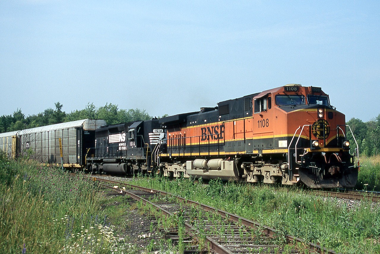 BNSF 1108 and NS 1614 lead CP train 747 around the curve off the Hamilton Sub. at Guelph Jct. and will soon enter the Galt Sub.