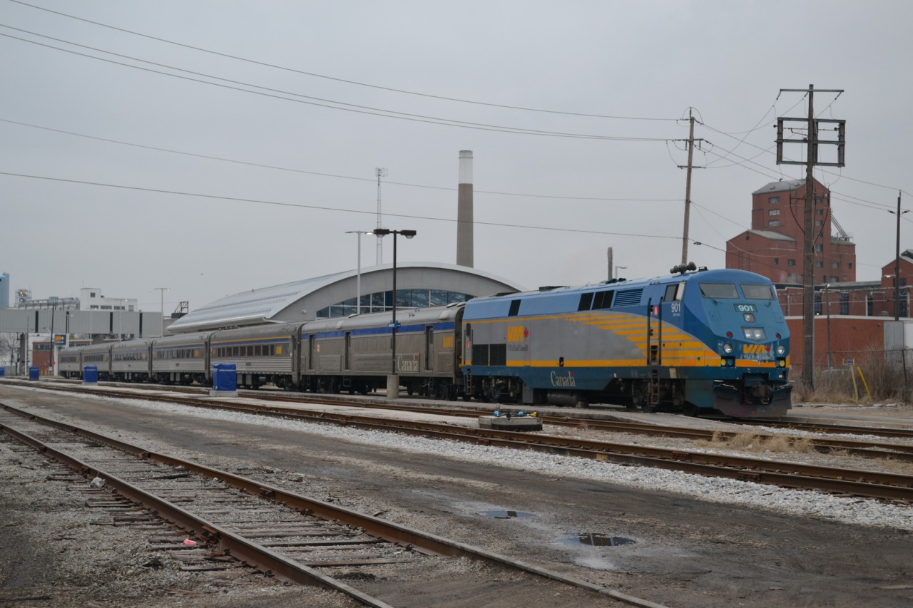 The crew is onboard and getting VIA 901 ready for it's trip east to Toronto on VIA train #72, with in the next 20 minutes. The Passenger are getting ready to board, and the Engine is reving away, as the HEP system is being switched over from Hotel power only to run mode.