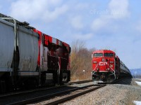 Bound for Albany, New York, Canadian Pacific crude oil train #608 meet manifest #253 heading north to Montreal at St-Mathieu Quebec