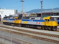 VIA F40PH-2's 6448 and 6441 sit in the VIA Pacific Station yard waiting their next assignment