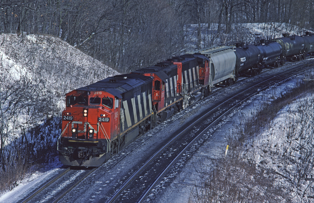 CN Dash8-40W 2419 leads #393 on the approach to Bayview.