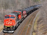 CN 331 makes an appearance around the bend as seen from the Denfeild Rd bridge. The loco's gave us lots of warning as they roared from behind the tree-line up to track speed.