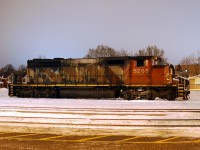 In early 2009 SOR leased 2 SD40-2W's from CN due to an increase in traffic (?) here CN 5265 is paused in the Brantford Yard