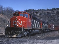 CN SD40-2W 5295 leads train #381 past the site of the old Dundas station. 