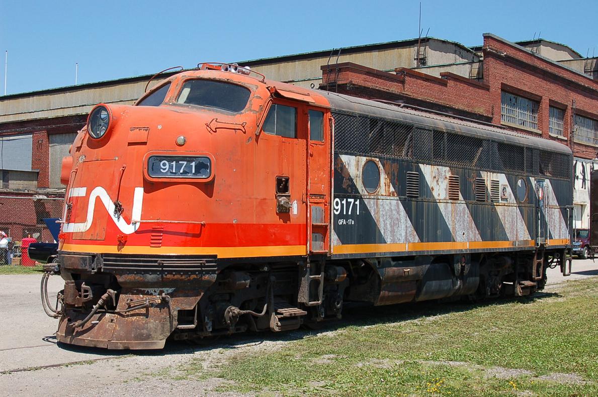 CN F7Au #9171, rebuilt from GTW 9013, on display at the former Michigan Central Shops at St. Thomas, ON. For more pics from my collection see northamericabyrail.info