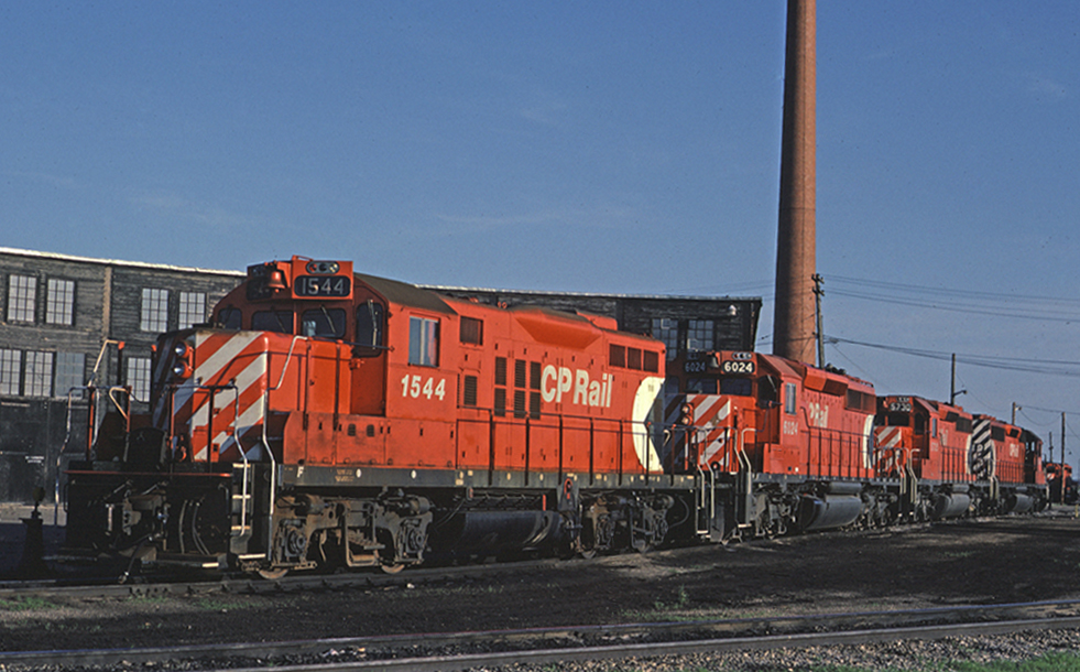 CPR GP9u sits outside CPR's South Edmonton roundhouse on Canada Day 1985.