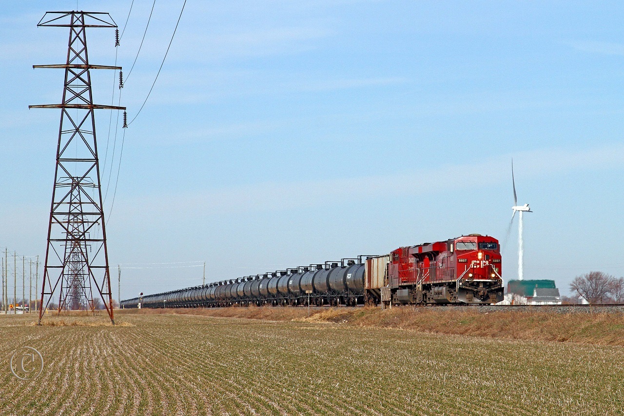 CP 8897 with CP 8821 lead tank train #606 eastward at mile 88 on the CP's Windsor Sub.