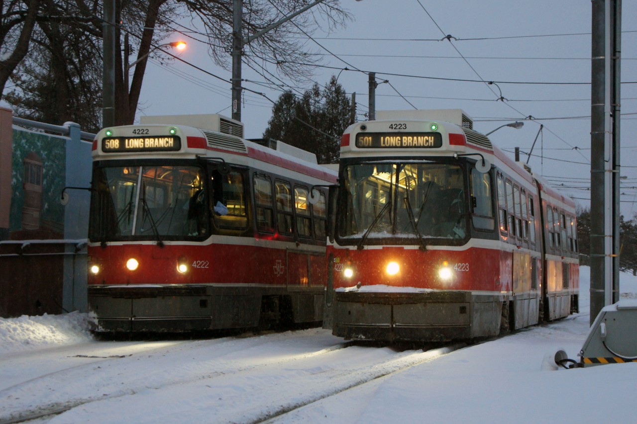ALRV 4222 sits in the spare track at TTC's Long Branch Loop as 4223 sits on the main. In a few minutes, the cars will return eastbound for Church Street via King Street and Neville Park via Queen Street, respectively.