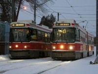 ALRV 4222 sits in the spare track at TTC's Long Branch Loop as 4223 sits on the main. In a few minutes, the cars will return eastbound for Church Street via King Street and Neville Park via Queen Street, respectively.