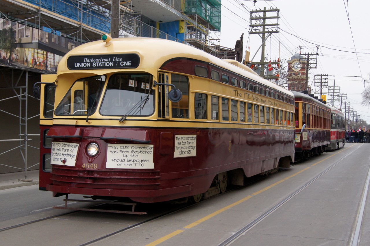TTC 4549 leads the traditional pack of streetcars that opens the annual Beaches Easter Parade.