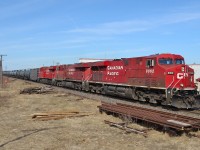 CP 608 heads eastbound thru Tilbury with a trio of GE power.