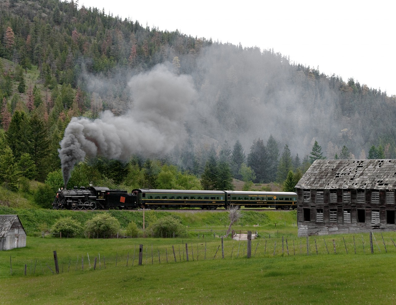 Kamloops Heritage Railway's former CN nee CNor 2-8-0 2741 with a Campbell Creek(Kamloops) to Armstrong BC excursion on Kelowna Pacific Railways ex CN Okanagan branch. The following year 2009 KP did not renew its operating agreement with KHR leaving the tourist line to run on CN industrial trackage in Kamloops.
