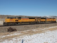 SD9043MACs 8268 and 3632 idle in the siding at Burmis.