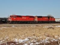 CP SD40-2Fs 9017 and 9001 idle at the east end of Lethbridge Yard.