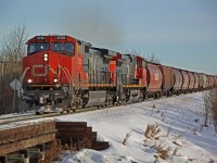 Dash 9-44CW units CN 2726 and 2523 (ex IC) approach Scotford yard from the east on the CN Vegreville Sub.