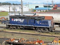 GP9 SRY 128 (EX CP 1583, ex CP 8671) sits in Wellcox yard after arriving from the mainland on the morning barge.  It carries a the fictitious railroad name "Westmount Rail" and will be used shortly in a Godzilla movie sequence.   