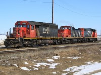 Switching set SD40-2 5381, GMD1 1423 and GP38-2(W) 4790 wait for their next assignment at CN's Scotford Yard.