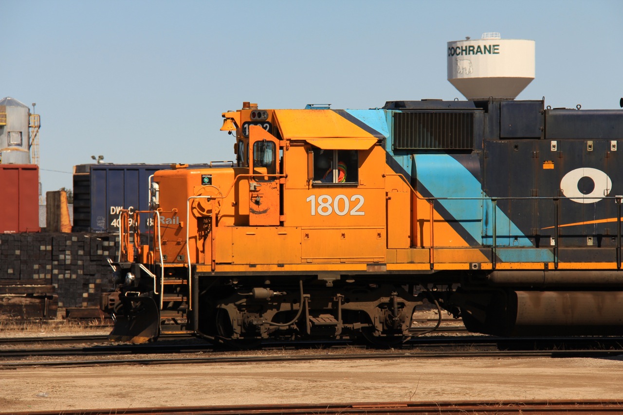 GP38-2 1802 with the Northlander's consist lays over at Cochrane's passenger yard.  The STOP, Not for Sale signs were applied before the next run south. Photo taken on Ontario Northland property with permission and PPE. 

1802 the next day with the STOP signs: http://www.railpictures.ca/?attachment_id=7079